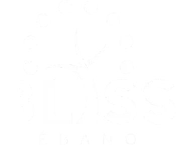 Logotipo de Bliss Ébano con un árbol estilizado y puntos circulares sobre el texto.