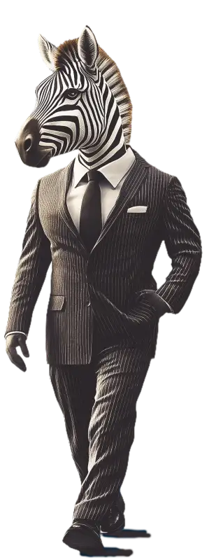 Una persona con cabeza de cebra, vestido con un traje de raya diplomática, corbata negra y camisa blanca, caminando con confianza, como la elegante encarnación de una Agencia de marketing digital en Bucaramanga.