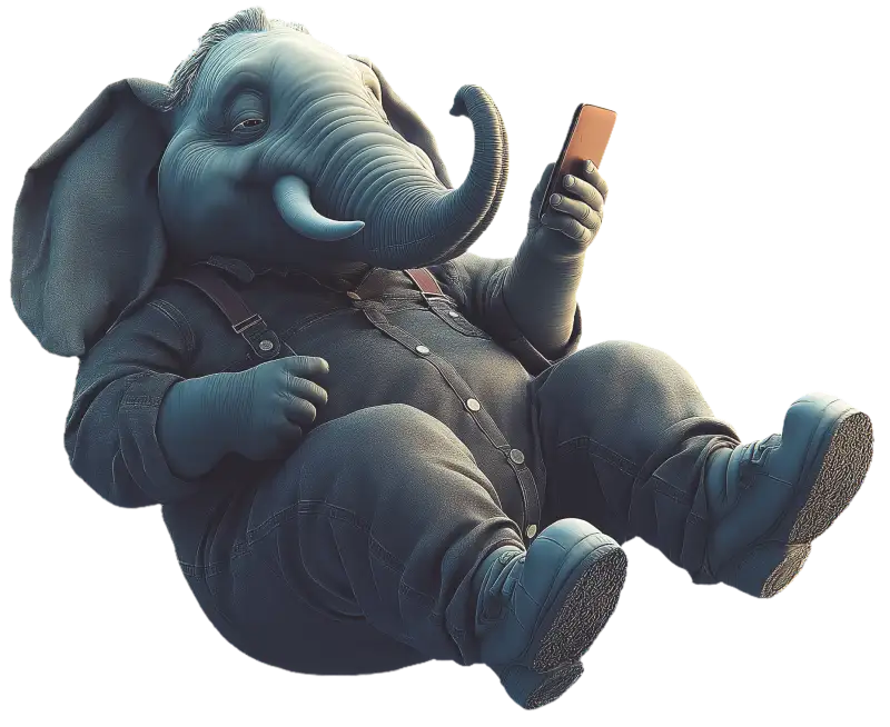 Un elefante de dibujos animados vestido con ropa y botas azules se recuesta mientras sostiene y mira un teléfono inteligente, tal vez explorando estrategias web de SEO.