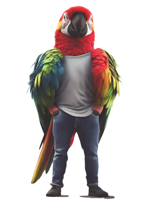 Un loro con plumas de colores se antropomorfiza, viste una camisa blanca, jeans azules y zapatos negros y se mantiene erguido sobre dos piernas que parecen humanas, listo para discutir las últimas tendencias en diseño web y campañas de anuncios de Google.