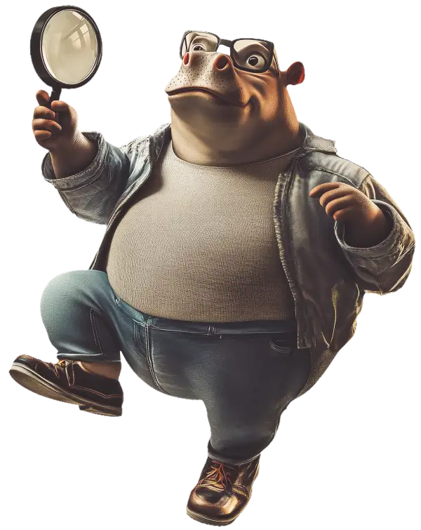 Un hipopótamo de dibujos animados con gafas, chaqueta gris y vaqueros se para sobre una pierna y sostiene una lupa. Este personaje extravagante podría ser la mascota perfecta para una agencia de marketing digital en Bucaramanga o un servicio web de SEO.