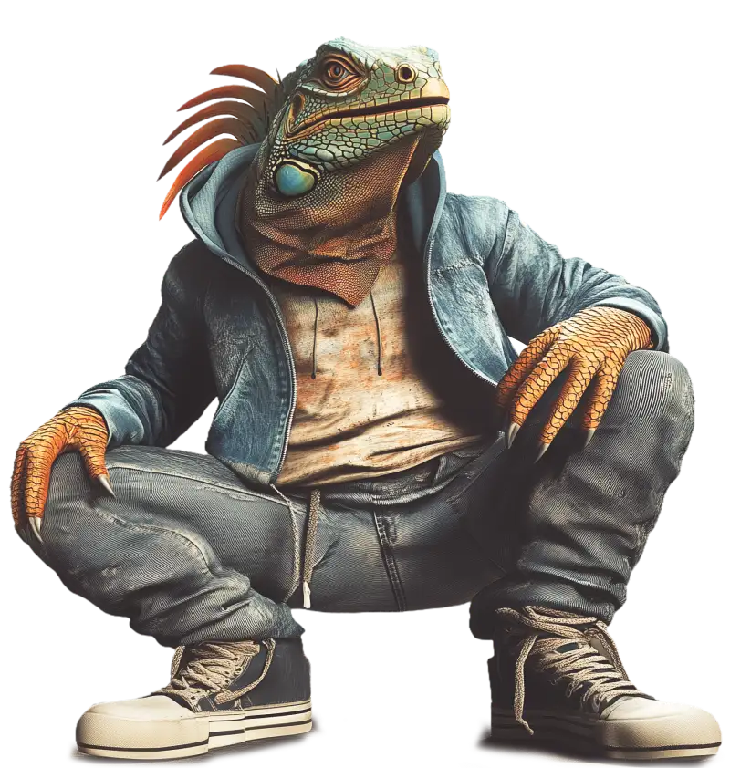 Una iguana humanoide que viste ropa informal, que incluye una sudadera con capucha, jeans y zapatillas de deporte, se agacha con una mano en el suelo, lista para impulsar su presencia web SEO.