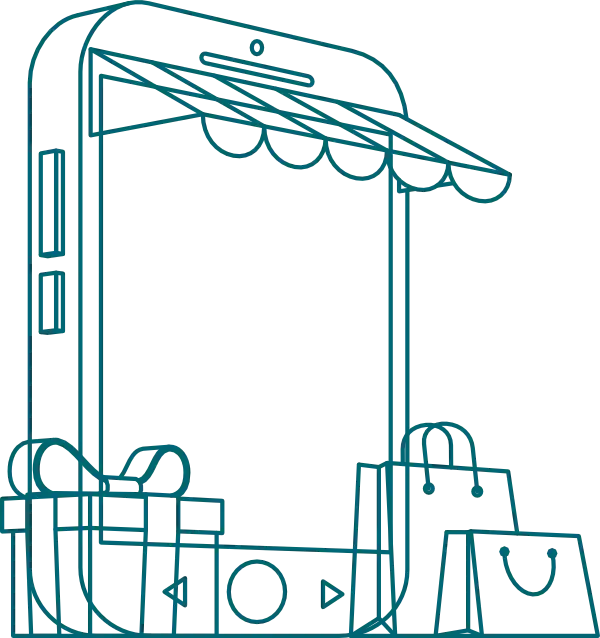 Icono de un teléfono inteligente con un toldo en forma de escaparate, rodeado de bolsas de compras y regalos, que representa la presencia de compras en línea o comercio electrónico. Perfecto para ilustrar una campaña efectiva de Google Ads de una Agencia de marketing digital en Bucaramanga.
