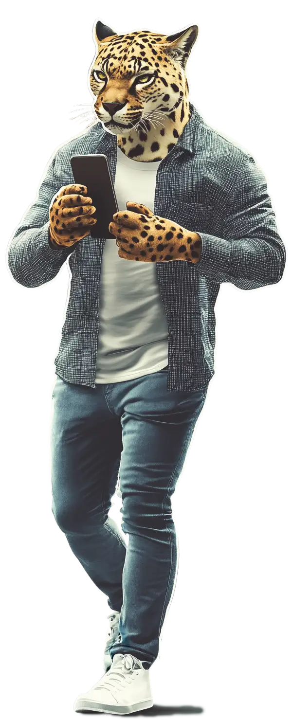Una persona con cabeza de leopardo viste ropa informal y sostiene un teléfono inteligente mientras camina, combinando a la perfección un diseño web llamativo y una fuerte presencia en línea.