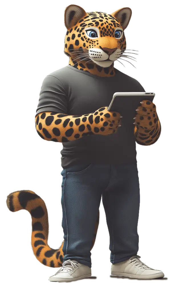Personaje de leopardo antropomorfo que viste una camiseta gris, jeans azules y zapatillas deportivas, sosteniendo una tableta con foco en el diseño web.